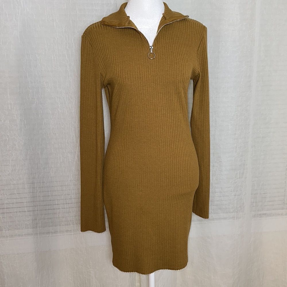 TOPSHOP 8 Rust Camel Brown Knit Ribbed Quarter Zip Mockneck Sweater Mini Dress